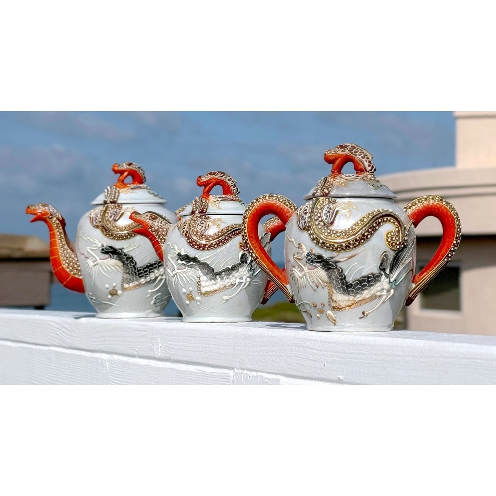 IISA Dragonware Geisha Lithophane Set Moriage 2 Teapots Cream Sugar Bowl 4 Cups